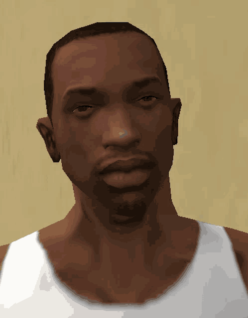 a close up of a man 's face with a white tank top on