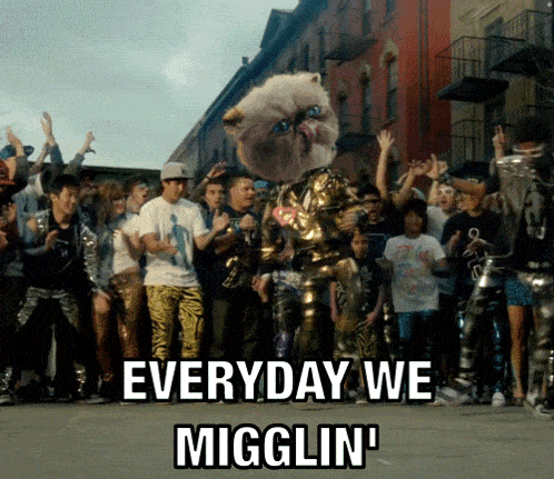 a group of people are dancing in front of a sign that says ' everyday we miggling '