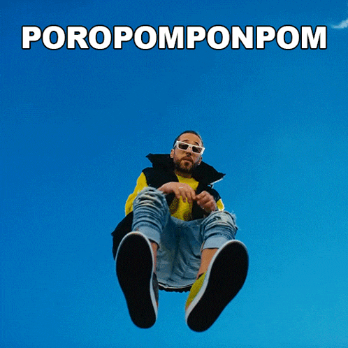 a man wearing sunglasses is sitting in the air with the words poropomponpom below him