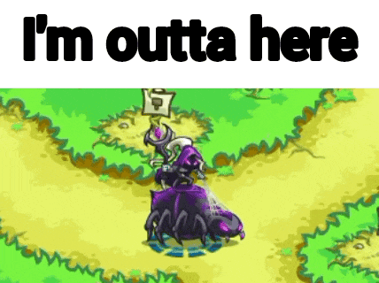 a cartoon character is standing in a field with the words `` i 'm outta here '' written on it .