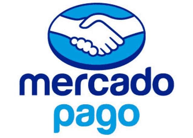 the logo for mercado pago has two hands shaking each other in a blue circle .