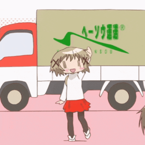 a girl stands in front of a truck that says nsou on it