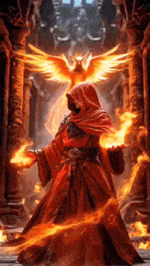 a man in a red robe is standing in front of a statue of a phoenix .