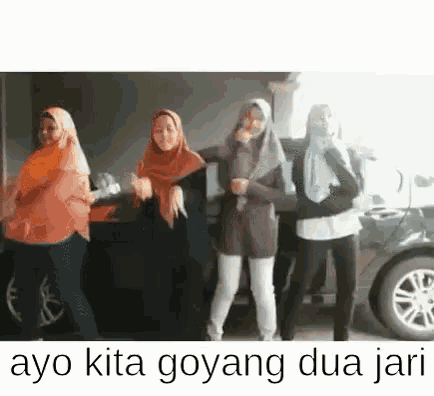 a group of women are standing next to each other and dancing in front of a car .