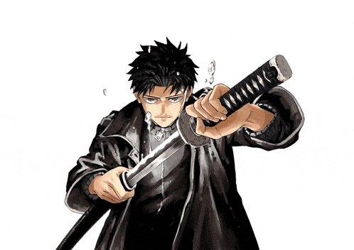 a man in a black coat is holding a sword in his hand