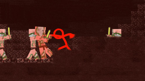 a red stick figure is holding a sword in front of a group of pigs