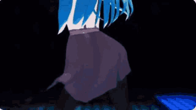 a girl with blue hair and a purple skirt is dancing on a stage .