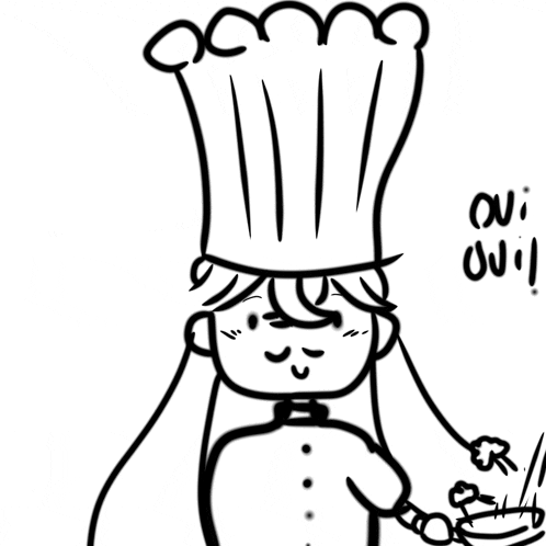 a black and white drawing of a chef with the words " oui oui " on the bottom