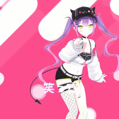 a girl with purple hair wearing a cat hat