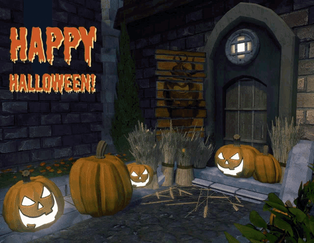 a sign that says happy halloween on it with pumpkins in front of it