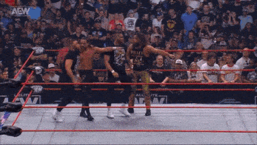 a group of wrestlers are standing in a ring with a crowd behind them and the aew logo is visible