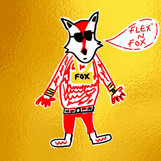 a drawing of a fox with a speech bubble saying flex n fox