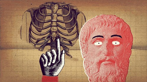 a drawing of a hand pointing to a skeleton and a statue of a man with a beard