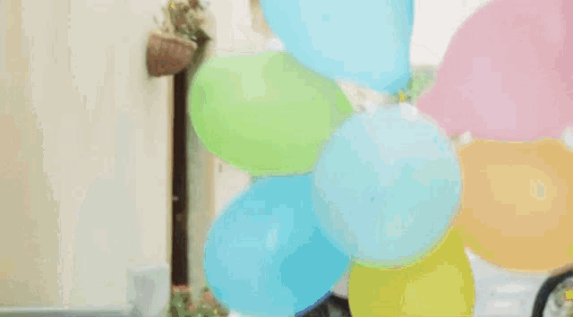 a woman is holding a bunch of colorful balloons in her hands .