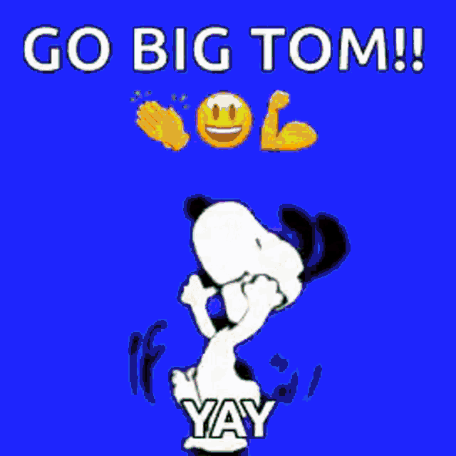 snoopy is jumping in the air on a purple background with the words go big tom yay