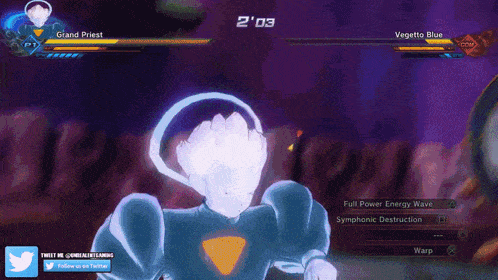 a screenshot of a video game shows grand priest and vegetto blue