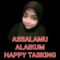 a woman wearing a hijab is smiling with the words assalamu alaikum happy tasking below her