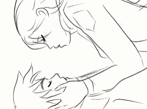 a black and white drawing of a man and a woman kissing on a bed .