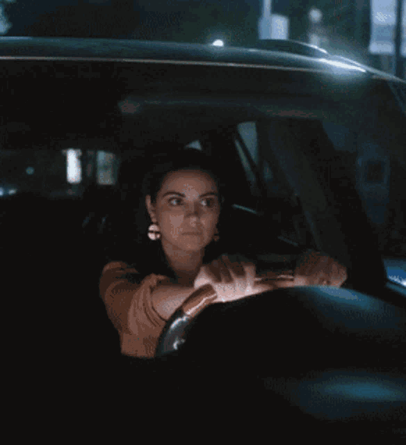 a woman is driving a car at night and is smiling