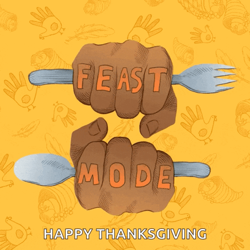 a happy thanksgiving greeting card with two hands holding forks and spoons