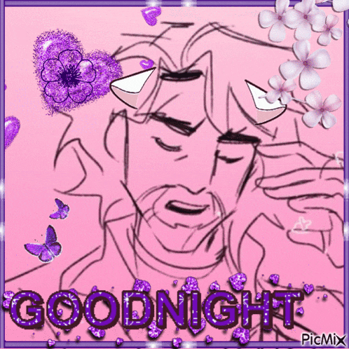 a drawing of a man on a pink background with the words goodnight written on it
