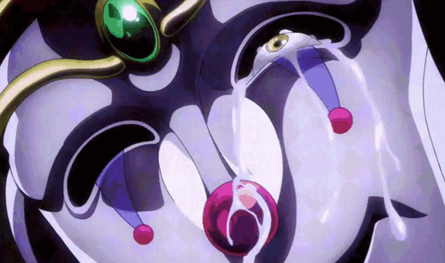 a cartoon drawing of a clown with a purple eye