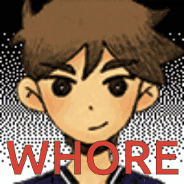 a picture of a boy with the word whore written in red
