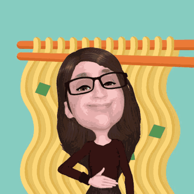 a woman wearing glasses stands in front of a bowl of noodles and chopsticks