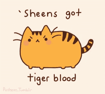 a cartoon of a cat with the words `` sheens got tiger blood '' written below it .