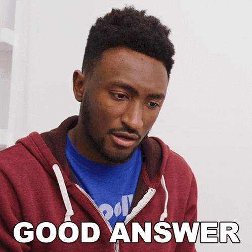 a man wearing a red hoodie and a blue shirt says " good answer "