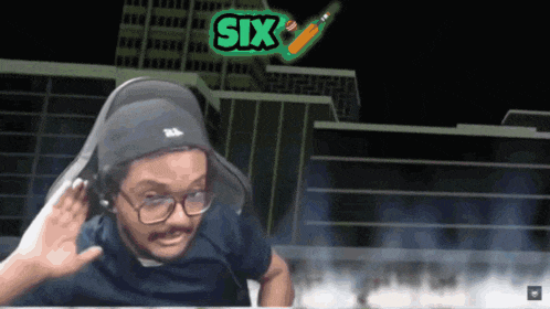 a cartoon of a man with glasses and a hat that says six