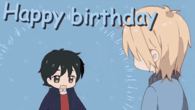 a boy with his arms outstretched is standing next to another boy with the words happy birthday written on it