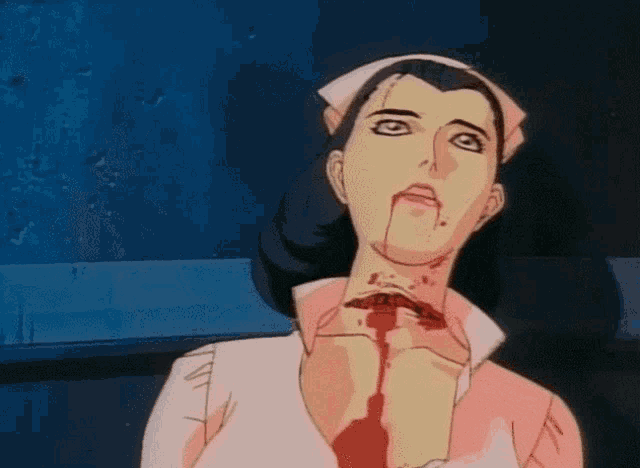 a cartoon of a nurse with blood coming out of her neck