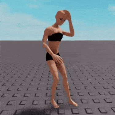 a 3d model of a woman in a bikini walking on a tiled floor