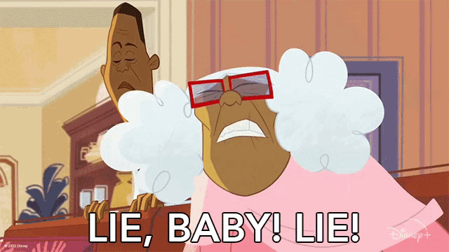 a cartoon of a man and an elderly woman with the words lie baby lie