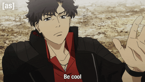 a man in a black jacket and red shirt is saying be cool