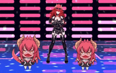 a cartoon of a woman with horns standing next to two other cartoon characters