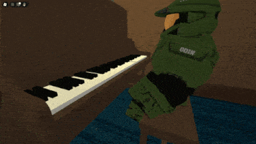 a video game character with the name odin on his back sits in front of a piano