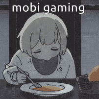 a cartoon girl is sitting at a table with a plate of food and a spoon in her mouth .