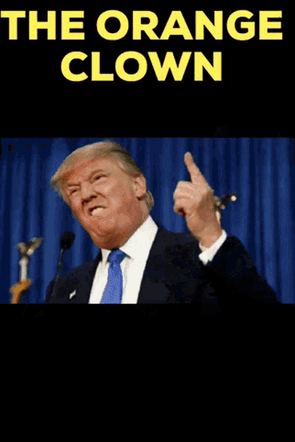 donald trump making a funny face with the orange clown written above him