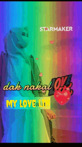 a woman in a hijab is holding a red heart in front of a rainbow background that says starmaker on it
