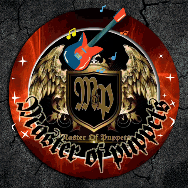 a logo for master of puppets with a guitar in the middle