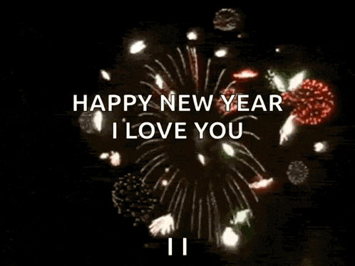 a happy new year i love you greeting with fireworks in the background .