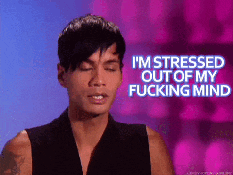 a man says i 'm stressed out of my fucking mind on a purple background