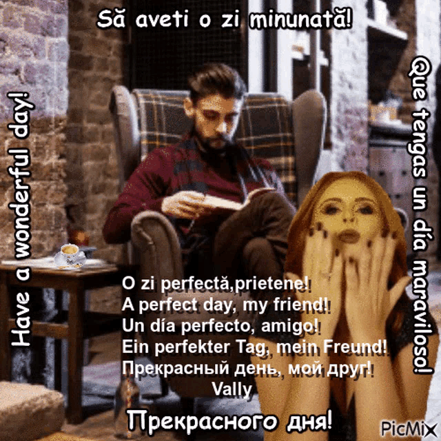 a man sits in a chair reading a book next to a woman who is covering her face with her hands