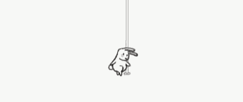 a drawing of a rabbit hanging from a string on a white background .