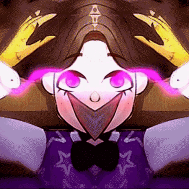 a cartoon character with purple eyes and a bow tie is smiling