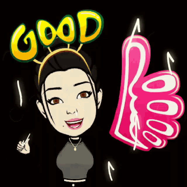 a cartoon girl is giving a thumbs up and wearing a headband that says " good "