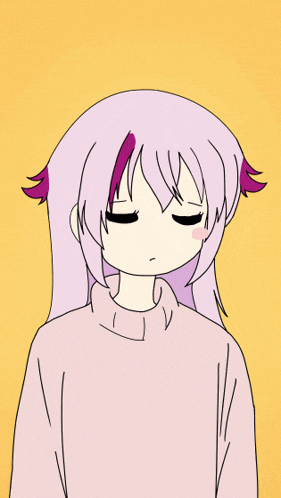 a drawing of a girl with long purple hair wearing a pink sweater