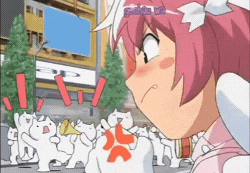 a girl with pink hair is standing in front of a crowd of white cats and a sign that says gachau wa